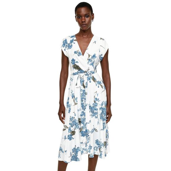 Lulus Women's White Blue Floral Short Sleeve Tie Waist Maxi Wrap Dress Size M - Picture 1 of 6